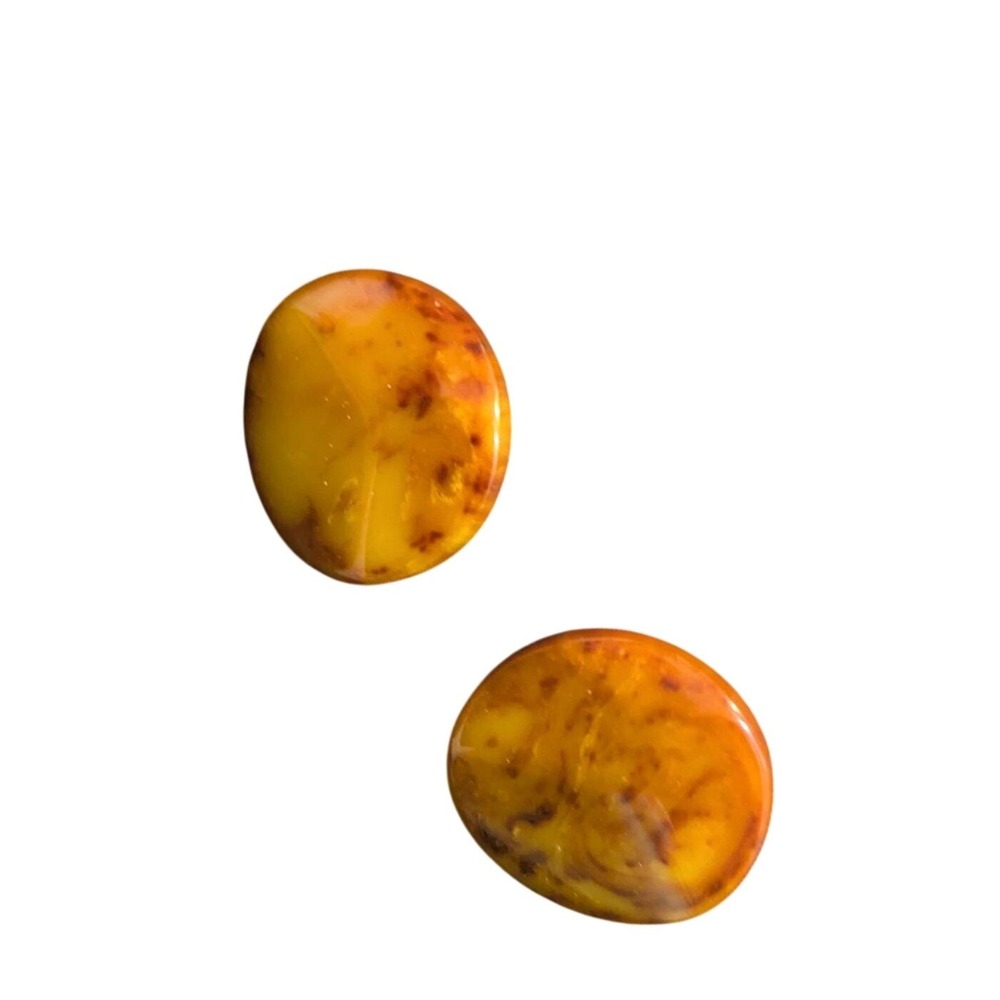 Vintage Marbled Amber Resin Clip‎ On Earrings Domed Button Tortoise Style 1 Inch